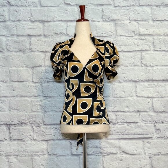 Diane Von Furstenberg Silk Black & Gold Wrap Blouse - Picture 1 of 10